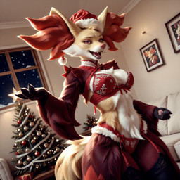 anthro christmas_clothing christmas_tree clothing female fur lingerie looking_at_viewer multicolored_body multicolored_fur plant solo tree nintendo pokemon delphox generation_6_pokemon pokemon_(species) hi_res