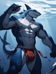 2023 abs anthro blue_body bottomwear clothing colored fin fish genitals hi_res indigowing loincloth male marine muscular muscular_anthro muscular_male nipples pecs penis scar shark solo underwater water