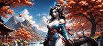 anthro asian_clothing autumn_leaves breasts clothed clothing east_asian_clothing female fur hair japanese_clothing kimono mountains plant scenery smile solo solo_focus standing water white_body white_fur director_elkkue mammal hi_res