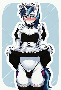 anthro blush clothed clothing clothing_lift cutie_mark dress dress_lift embarrassed exhibitionism hips horn legwear looking_at_viewer maid_uniform male nudity presenting simple_background solo stockings thong underwear uniform groupstation friendship_is_magic my_little_pony shining_armor_(mlp) equid equine horse mammal pony unicorn animated hi_res portrait short_playtime three-quarter_portrait webm