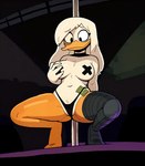 anatid anseriform anthro avian beak bird black_eyes breast_squish breasts butt_from_the_front clothing cloud9999 crouching cybernetic_leg cybernetic_limb dancing della_duck disney duck ducktales ducktales_(2017) eyeliner female full-length_portrait hair hand_on_breast hi_res long_hair looking_down makeup membrane_(anatomy) money_in_thong navel non-mammal_breasts orange_legs pasties pole pole_dancing portrait smile solo spread_legs spreading squish strip_club stripper_pole thong underwear webbed_feet white_body white_hair white_skin wide_eyed