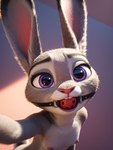 anthro ball_gag breasts detailed_fur disney ears_up female gag high-angle_view looking_at_viewer nipples nude nude_female purple_eyes selfie simple_background small_breasts solo babeyax715 zootopia judy_hopps lagomorph leporid mammal rabbit detailed hi_res