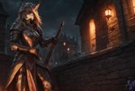 anthro armor blue_eyes clothing fantasy female fur hair knight medieval medieval_armor medieval_clothing raining solo spots tabard warrior weapon gren_art felid feline lynx mammal absurd_res hi_res shaded soft_shading