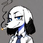 anthro blue_eyes cigarette clothed clothing female fur grey_background looking_at_viewer narrowed_eyes necktie shirt simple_background smile smoke smoking smug solo topwear white_body anonymous_director canid canine canis domestic_dog hunting_dog mammal saluki sighthound bust_portrait hi_res portrait