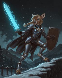 action_pose anthro armor armor_plates blonde_hair blue_eyes braided_hair breasts cape cleavage clothed clothing cloven_hooves dark_background digitigrade fantasy female fence hair hooves lips magic medieval melee_weapon pose serious_face shield shoulder_armor snow snowing solo sword weapon gilkardex elain_(gilkardex) cervid mammal absurd_res hi_res