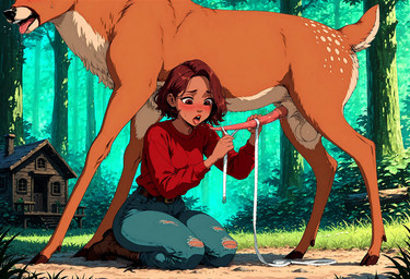 animal_genitalia animal_penis balls bestiality bodily_fluids butt cervine_genitalia cervine_penis clothed clothing dripping duo female feral fur genital_fluids genitals hair hooves interspecies male male/female measuring nude penile penis plant scut_tail short_tail tongue tree diddlier cervid cervine human mammal hi_res