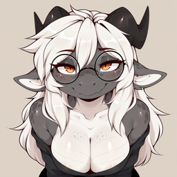 2_horns anthro big_breasts breasts cleavage clothed clothing eyewear female freckles front_view glasses grey_body hair high-angle_view horn long_hair looking_at_viewer mythology non-mammal_breasts orange_eyes pupils simple_background slit_pupils smug solo spots spotted_body sweater topwear upper_body white_body white_hair kayda_hematite kayda_(kayda_hematite) dragon mythological_creature mythological_scalie scalie hi_res portrait