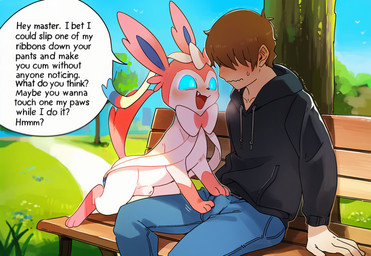 animal_genitalia bench bestiality bite blue_eyes blush bodily_fluids bottomwear brown_hair bulge clothed clothing detailed_background dialogue dirty_talk duo erection erection_under_clothing fangs feral fully_sheathed fur genitals grass hair hair_over_eyes hoodie human_on_feral interspecies male male/male male_on_feral naughty_face open_mouth outside pants park park_bench penis pink_body plant pokephilia public sheath sitting smile speech_bubble sweat sweatdrop tail teeth text topwear tree white_body unknown_director nintendo pokemon canid eeveelution generation_6_pokemon human mammal pokemon_(species) sylveon english_text hi_res