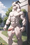 2023 abs anthro asriel_dreemurr asriel_dreemurr_(god_form) athletic biceps black_markings black_nipples black_sclera boss_monster bovid caprine floppy_ears fur genitals goat half-erect head_markings horn long_ears male mammal markings muscular muscular_anthro nipples nude outdoors penis smile solo stable_diffusion standing undertale_(series) video_games white_body white_eyes white_fur