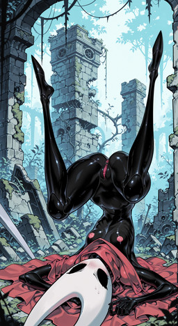 anus ass_up black_body black_eyes black_skin blush bodily_fluids cape clothed clothing exposed female front_view frown frown_eyebrows genitals horn legs_up long_legs lying no_pupils on_back open_clothing partially_clothed pink_anus pink_pussy pussy red_cape royalty ruins slender_body slim small_waist solo tears upside_down weapon white_head wide_hips kingfurryai hollow_knight_(franchise) team_cherry hornet_(hollow_knight) animal_humanoid arthropod arthropod_humanoid humanoid insect absurd_res hi_res