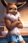 2022 2:3 anthro biped black_nose blue_clothing bottomwear brown_body brown_fur cheek_tuft closed_smile clothed clothing crossed_arms dipstick_tail drawstring eevee facial_tuft fluffy fur generation_1_pokemon green_eyes gym_(director) inside leaning leaning_back looking_at_viewer male mammal markings multicolored_body multicolored_fur navel neck_tuft nose pokemon_(species) portrait shorts smile solo standing swimming_pool swimwear tail_markings tan_body tan_fur three-quarter_portrait three-quarter_view topless tuft two_tone_body two_tone_fur