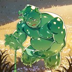 bara blush bodily_fluids chubby_male cum cum_string field food foreskin fruit genital_fluids genitals grass green_body humanoid_genitalia humanoid_penis kneeling male masturbating muscular open_mouth outside penis plant solo avocado goo_creature goo_humanoid humanoid