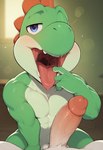 anthro belly bodily_fluids duo erection gesture green_body looking_at_viewer male male/male pointing pointing_at_head saliva saliva_string tongue tongue_out white_belly medlem yoshi hi_res