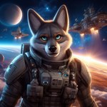 alien_planet anthro athletic black_nose blue_eyes brown_body brown_fur canid canine canis clothing cloud coyote facial_markings fingers fur grey_body grey_fur head_markings inner_ear_fluff male mammal markings military military_uniform nikkolaus planet solo space space_station spacecraft spacesuit stars_and_stripes tuft uniform united_states_of_america vehicle white_body white_fur