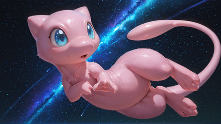 ambiguous_gender feral fur open_mouth pink_body pink_fur solo space star tail nintendo pokemon legendary_pokemon mew pokemon_(species) hi_res