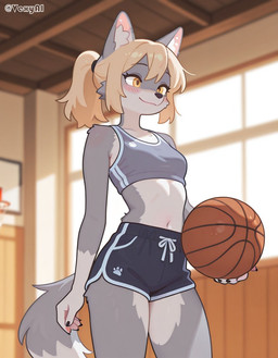 anthro basketball basketball_court basketball_hoop blush blush_lines bottomwear bra clothing female gym_bottomwear gym_clothing gym_shorts shorts solo sports_bra sportswear underwear vexy_paws_(director) canid canine canis mammal wolf