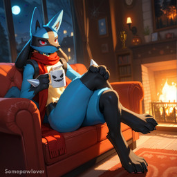 3_fingers 4_toes anthro award black_claws bookshelf claws cloud curtains_open feet fingers fireplace fur furniture halloween hindpaw inside jack-o'-lantern light looking_at_viewer male moonlight mug multicolored_body multicolored_fur night on_sofa pawpads paws picture_frame pink_pawpads plant plant_pot potted_plant red_eyes relaxing rug scarf sitting sitting_on_sofa sofa solo spider_web spikes spikes_(anatomy) tail tan_body tan_fur toe_claws toes tree_outside trophy wall_decorations wall_light wood_floor somepawlover halloween_2025 nintendo pokemon background_character canid generation_1_pokemon generation_4_pokemon lucario mammal pokemon_(species) zubat director_name full-length_portrait hi_res portrait
