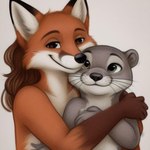 ambiguous_gender anthro brown_eyes canid canine countershading duo embrace fox hug hugging_from_behind looking_at_viewer lutrine mammal mustelid smile twinklespark vulpine whiskers