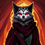 anthro canid canine canis clothing fur glowing glowing_eyes grey_body grey_fur icefoxai male mammal red_eyes robe solo wolf