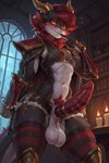 abs accessory animal_ears anthro armor balls bangs black_body black_fur blush book bookshelf bottomwear candle cheek_tuft clothed clothing cock_ring cropped_legs cross-laced_shorts crystal cute_expression eyewear facial_markings facial_tuft fantasy femboy finger_to_mouth fur fur-trimmed_shorts furniture gauntlets genitals glasses gloves hair handwear head_markings horn horn_jewelry hotpants inside jacket jacket_on_shoulders jewelry legwear male markings minishorts multicolored_body multicolored_fur mythology navel neck_tuft open_bottomwear open_clothing open_pants orange_eyes ornaments pants pattern_clothing pattern_legwear pattern_thigh_highs penis penis_accessory penis_jewelry pince-nez pottery presenting presenting_penis pubes pupils raining red-tinted_eyewear red_hair saggy_balls short_hair shorts shoulder_pads slit_pupils small_waist solo spiked_penis spikes spikes_(anatomy) spiky_hair straps striped_clothing striped_genitalia striped_legwear striped_penis striped_thigh_highs stripes swept_bangs table tail tail_tuft thigh_highs tinted_eyewear topwear tuft two_tone_body two_tone_fur wavy_mouth white_body white_fur window kotcfacu_(director) fan_character dragon furred_dragon mythological_creature mythological_scalie scalie hi_res portrait three-quarter_portrait