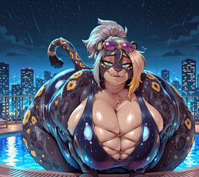anthro big_breasts blue_eyes breasts city city_background clothing eyewear eyewear_on_head female grain(tm) hair huge_ass huge_breasts miyoko_umegashi obese overweight ponytail pool solo sunglasses sunglasses_on_head swimwear wet felid leopard mammal pantherine hi_res