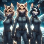 absurd_res anthro cockaforce domestic_cat felid feline felis female female/female group hi_res looking_at_viewer mammal planet science_fiction space spacecraft spacesuit trio vehicle