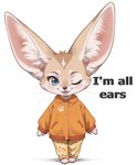 ambiguous_gender anthro blue_eyes chibi clothing huge_ears one_eye_closed pajama_pants pajamas simple_background smile solo standing text white_background wink wheel_of_fortune canid canine fennec fox mammal