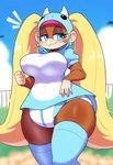 blonde_hair blue_eyes blush bottomwear clean_diaper clothed clothing diaper ear_piercing ear_ring female hair legwear long_hair nintendo onesie piercing pigtails ring_piercing skirt smile solo thigh_highs wearing_diaper tiny_kong ape gorilla haplorhine mammal primate hi_res