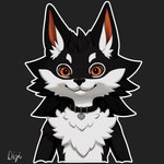 anthro black_body black_fur black_nose chest_tuft collar fur hair inner_ear_fluff looking_at_viewer male multicolored_body multicolored_fur orange_eyes simple_background smile solo sticker tuft two_tone_body two_tone_fur white_body white_fur digimacska17 bolyhos canid canine mammal novabeast hi_res