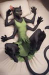 4_breasts 5_fingers anthro bed black_body black_fur black_pawpads bottomwear breasts claws clothed clothing detailed_fur dewclaw digitigrade dress fangs feet female fingerpads fingers foot_focus fur furniture green_clothing green_dress green_eyes handpaw looking_at_viewer lying multi_breast on_back on_bed open_mouth open_smile pawpads paws pillow pleated_skirt skirt small_breasts smile solo teenager young degenstoic displacer_beast felid mammal pantherine detailed hi_res