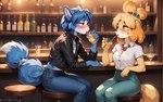 absurd_res alcohol animal_crossing anthro attempted_signature bar bar_stool beverage blush bottomwear canid canine canis clothing denim denim_clothing domestic_dog drinking druge drunk duo eye_contact female fox furniture glass hi_res isabelle_(animal_crossing) jacket jeans krystal leather leather_clothing leather_jacket leather_topwear looking_at_another mammal pants shih_tzu star_fox stool substance_intoxication topwear toy_dog