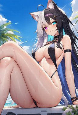 accessory animal_ears armlet beach big_breasts bikini black_bikini black_clothing black_hair black_nails black_swimwear blue_eyes blue_hair blush bracelet breasts butt butt_focus choker cleavage clothed clothing cloud collar colored_nails fangs female gradient_hair hair hair_accessory hairclip heterochromia huge_breasts jewelry large_breasts long_hair long_legs micro_bikini multicolored_eyes multicolored_hair nails necklace outside palm_tree pink_eyes plant purple_eyes sea seaside side_boob sitting skimpy_bikini sky sling_bikini smile smirk solo summer swimwear teeth thick_thighs tree two_tone_hair under_boob water wet white_hair wide_hips nullspark animal_humanoid humanoid mammal hi_res