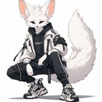 anthro canid canine fennec fox fur grey_eyes lucifluffy male mammal simple_background solo techwear white_body white_fur wilek