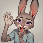 anthro blush buckteeth clothing disney ears_up female gesture looking_at_viewer open_mouth shirt simple_background solo suggestive suggestive_gesture teeth tongue tongue_out topwear charlynash zootopia judy_hopps lagomorph leporid mammal rabbit