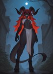 ambiguous_gender anthro black_body black_sclera bottomwear bulge clothing cloven_hooves hair hooves horn loincloth looking_at_viewer low-angle_view red_eyes red_hair sharp_teeth smile solo tail teeth nonimousmate demon faun hybrid hi_res