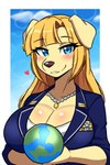 anthro big_breasts blonde_hair blue_eyes blush breasts cleavage clothed clothing female hair huge_breasts jewelry large_breasts long_hair looking_at_viewer mature_anthro mature_female military_uniform smile solo topwear uniform majorfluffy_(director) bird_dog canid canine canis domestic_dog golden_retriever hunting_dog mammal retriever hi_res