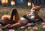 anthro breasts female flower fur genitals humanoid_genitalia humanoid_pussy lamp lantern looking_at_viewer nipples nude outside paws plant presenting presenting_pussy pussy smile solo spread_legs spreading whiskers tenko canid canine fox mammal red_fox hi_res