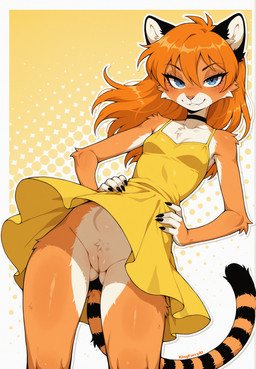 anthro black_ears black_finger_claws black_fingernails blue_eyes blush blush_lines bottomless breasts cheek_tuft choker claws clothed clothing dress dutch_angle facial_tuft female finger_claws fingernails fur genitals hair hands_on_hips hip_tuft inner_ear_fluff jewelry long_hair looking_at_viewer looking_down looking_down_at_viewer markings medium_breasts multicolored_body nails necklace orange_body orange_fur orange_hair outline presenting presenting_pussy pubes pussy raised_clothing raised_dress sassy small_waist smile smiling_at_viewer smug solo standing striped_markings striped_tail stripes swaying_hips tail tail_markings thick_outline thigh_gap tuft two_tone_body upskirt view_from_below white_outline wide_hips wind yellow_clothing yellow_dress kingfurryai neon_genesis_evangelion asuka_langley_soryu domestic_cat felid feline felis mammal absurd_res full-length_portrait hi_res portrait