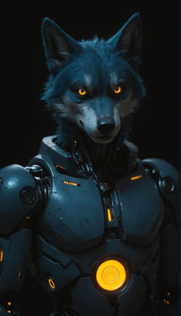 anthro blue_body blue_fur cybernetic_eye cybernetic_limb cybernetic_torso cybernetics fur machine male solo ai_yiff e6ai mascot_2025 canid canine canis mammal wolf absurd_res bust_portrait hi_res portrait