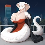 anthro apode bedroom_eyes big_breasts breasts city city_background clothing coat dress female forked_tongue huge_breasts inviting legless looking_at_viewer narrowed_eyes night scales seductive serpentine smile smiling_at_viewer solo tongue topwear undressing white_body white_scales koboldcollector cobra draconcopode naga reptile scalie snake absurd_res hi_res