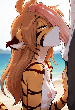 anthro balls beach big_penis black_body black_fur blurred_background bodily_fluids body_worship breasts brown_hair chest_tuft close-up day duo eyebrows female female_focus fur genital_worship genitals hair half-closed_eyes half-erect hand_on_leg hand_on_thigh licking male male/female mountain narrowed_eyes nipples nude open_mouth oral orange_body orange_eyes orange_fur outside penile penis penis_lick penis_on_face penis_worship prompt raised_eyebrows seaside sex side_view sky small_breasts solo_focus standing sweat tongue tongue_out tuft water white_body white_fur krl32564 twokinds flora_(twokinds) felid mammal pantherine tiger 2025 hi_res