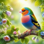 ambiguous_gender beak black_body black_eyes black_feathers blue_body blue_feathers blurred_background branch feathers feral flower green_body green_feathers leaf moss multicolored_body multicolored_feathers orange_body orange_feathers pink_body pink_feathers plant purple_body purple_feathers rainbow_body rainbow_feathers solo wings yellow_body yellow_feathers val_the_sergal avian bird finch oscine passerine