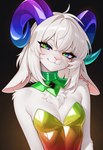 anthro bangs bedroom_eyes bovid_horn breasts caprine_horn cleavage clothed clothing female floppy_ears fur goat_horn hair head_tilt horn jewelry leotard long_ears looking_at_viewer multicolored_clothing multicolored_eyes narrowed_eyes necklace nose rainbow_clothing rainbow_eyes seductive simple_background small_breasts smile solo tuft white_body white_ears white_fur white_hair tursimi bovid caprine goat mammal bust_portrait hi_res portrait