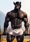 abs absurd_res anthro bottomwear bulge bumblebee95 chest_tuft clothed clothing detailed detailed_background detailed_fur equid equine hi_res horse looking_at_viewer male mammal muscular partially_clothed pecs pubes realistic shorts solo standing tuft
