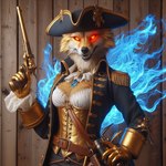 anthro black_nose breasts cleavage clothed clothing cybernetics dall-e_3 energy energy_wings female gold_(metal) gold_body gun handgun machine pirate pirate_hat pistol ranged_weapon red_eyes science_fiction solo weapon wings goldanthrowolf megrit canid canine canis luphra'nite mammal wolf