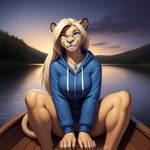 anthro blonde_hair blue_eyes boat bottomless clothed clothing female hair hoodie hoodie_only lake looking_at_viewer solo topwear topwear_only vehicle watercraft jackson_maxston_(director) ren_(jackson_maxston) felid lion mammal pantherine