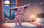 ambiguous_gender bed bedroom feral foxfnatic furniture lamp looking_down night picture_frame smug solo solo_focus standing nintendo pokemon eeveelution espeon felid generation_2_pokemon mammal pokemon_(species) invalid_tag hi_res