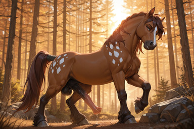 animal_genitalia animal_penis balls black_mane bodily_fluids brown_body brown_fur equine_penis feral flared_penis forest fur genital_fluids genitals hooves long_tail looking_at_viewer male mane penis plant precum smirking_at_viewer solo spots tail tree white_spots kyranthos equid equine horse mammal