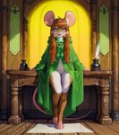 anthro bottomless clothed clothing eyewear feathers female furniture genitals glasses looking_at_viewer open_mouth open_smile pussy robe smile solo standing table denis0k mammal mouse murid murine rodent