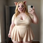 anthro blonde_hair blue_eyes clothed clothing domestic_pig dress female freckles girlswithsnouts hair hi_res holding_object holding_phone mammal overweight overweight_anthro phone selfie solo suid suina sus_(pig) weight_gain worried